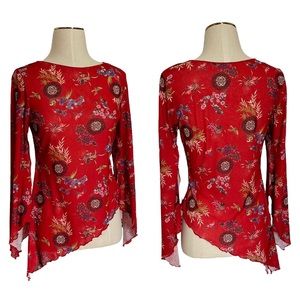 90s Vintage Asymmetric Split Sleeve Poly Spandex Mesh Top | Size Medium